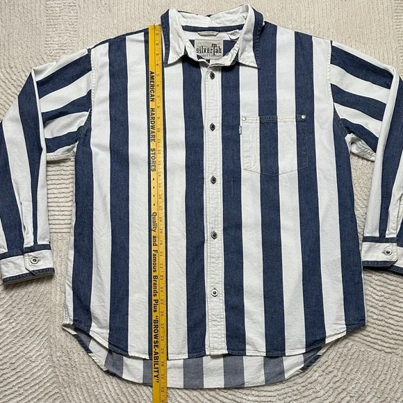 Silver Tab Levi’s Jeans Navy and White Striped Casual Shirt Oversized M - Picture 11 of 15